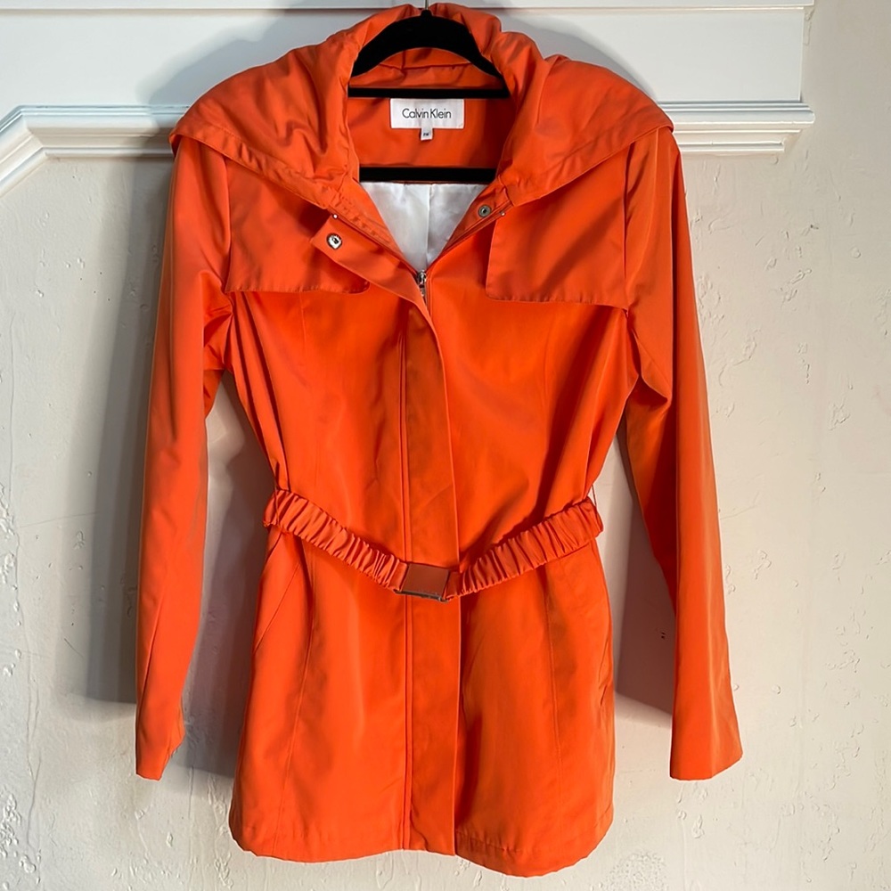 Calvin Klein Orange Belted Raincoat Petite Medium Excellent Condition
